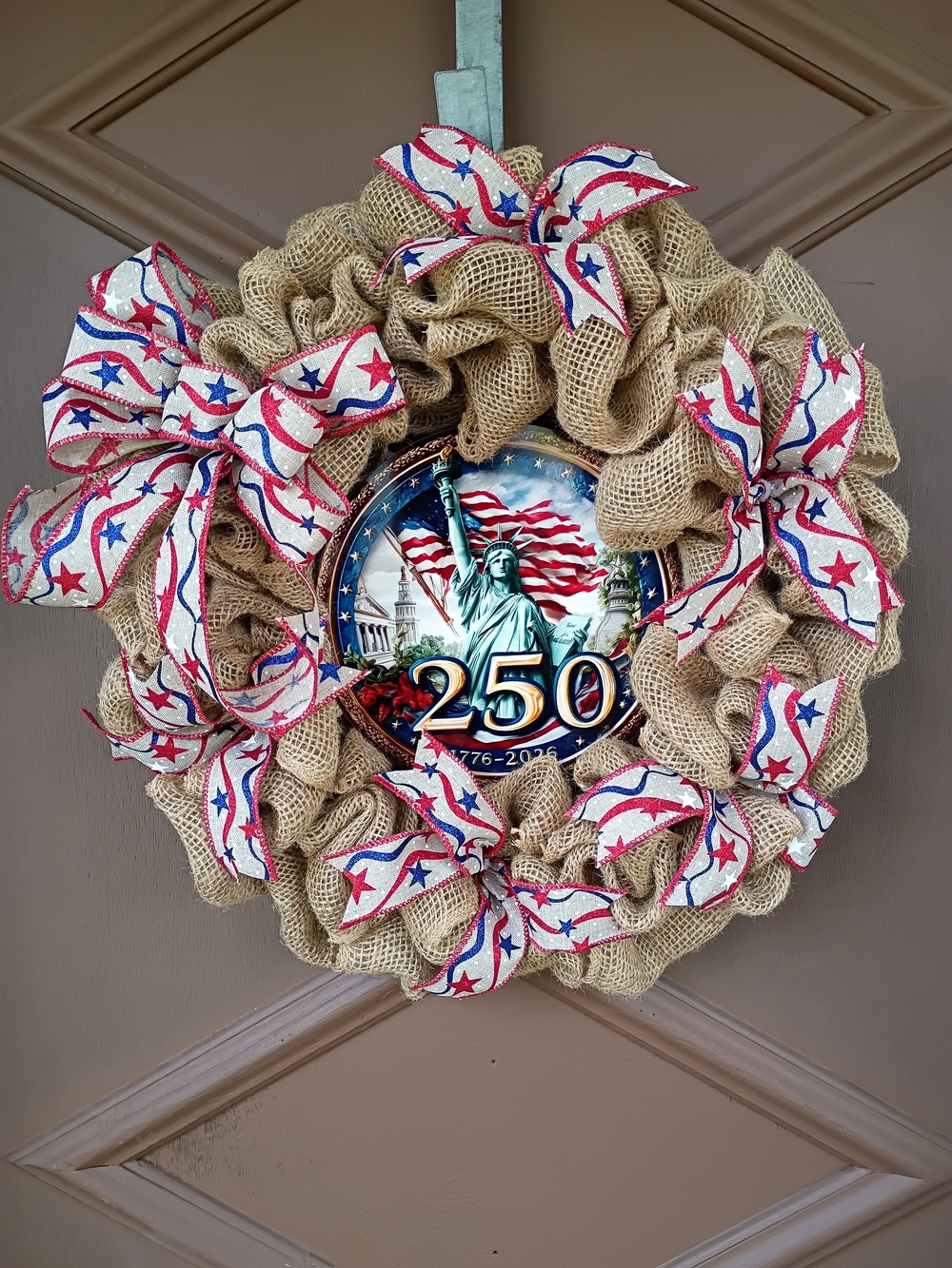 Patriotic Burlap Holiday Wreath with Red, White & Blue Ribbon